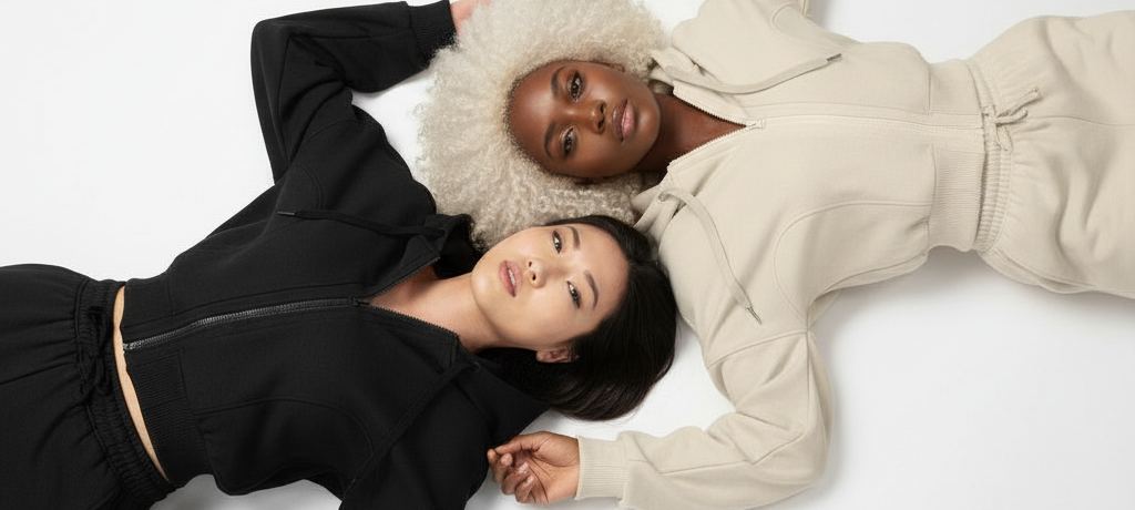 Two women lying on a white surface, one in black and the other in beige.
